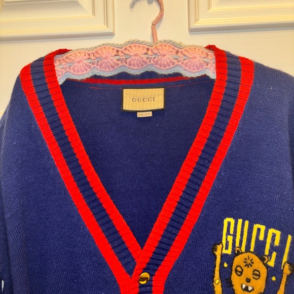 Vintage Authentic Gucci Alien Mascot Oversized Navy Blue Cardigan Mohair Cotton - Picture 12 of 12